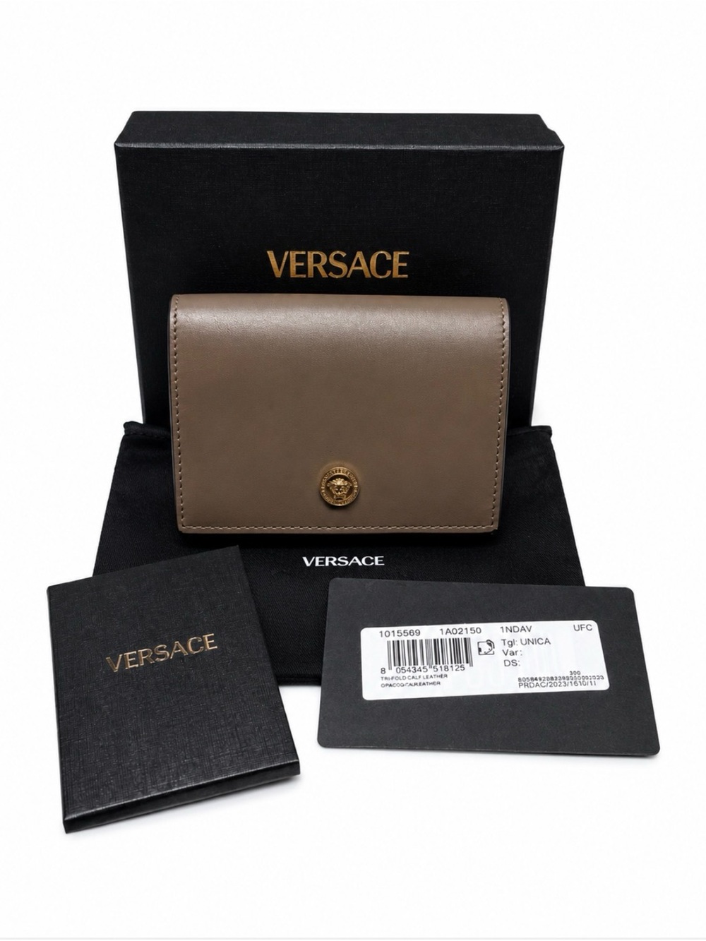 Versace Medusa Tri-Fold Calf Leather Wallet- Chesnut/Versace Gold